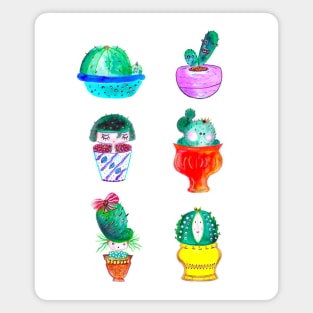 Cute Cactus Characters In Vases  Watercolor Illustration Magnet